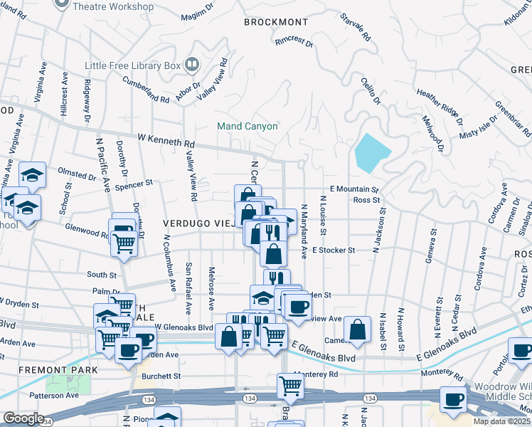 map of restaurants, bars, coffee shops, grocery stores, and more near 1303 North Brand Boulevard in Glendale