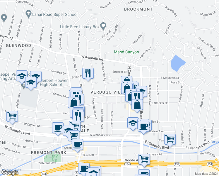 map of restaurants, bars, coffee shops, grocery stores, and more near 1244 Valley View Road in Glendale
