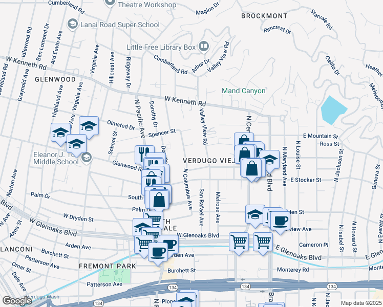 map of restaurants, bars, coffee shops, grocery stores, and more near 1316 North Columbus Avenue in Glendale