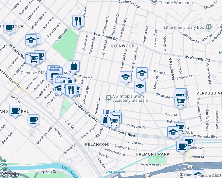 map of restaurants, bars, coffee shops, grocery stores, and more near 1244 Alma Street in Glendale