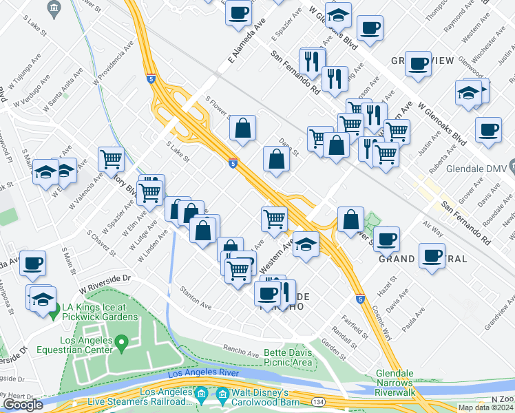 map of restaurants, bars, coffee shops, grocery stores, and more near 522 Thompson Avenue in Glendale