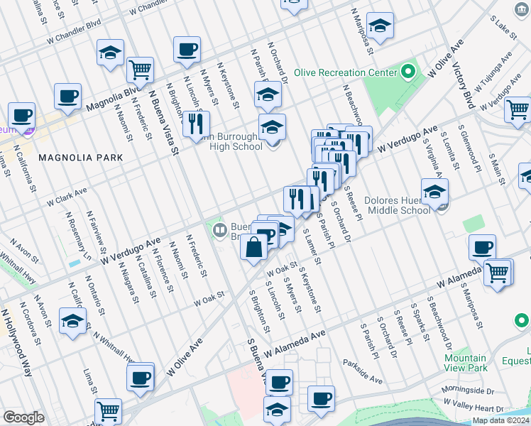 map of restaurants, bars, coffee shops, grocery stores, and more near 228 North Myers Street in Burbank