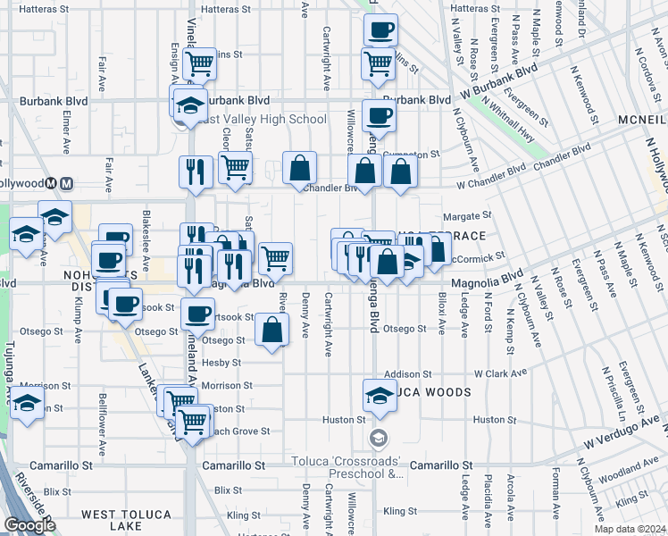map of restaurants, bars, coffee shops, grocery stores, and more near in Los Angeles