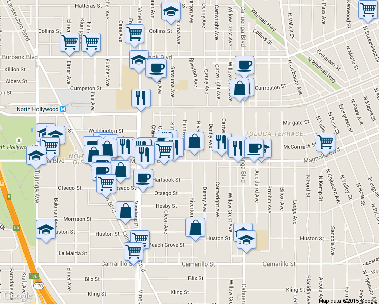 map of restaurants, bars, coffee shops, grocery stores, and more near 5217 Harmony Avenue in Los Angeles