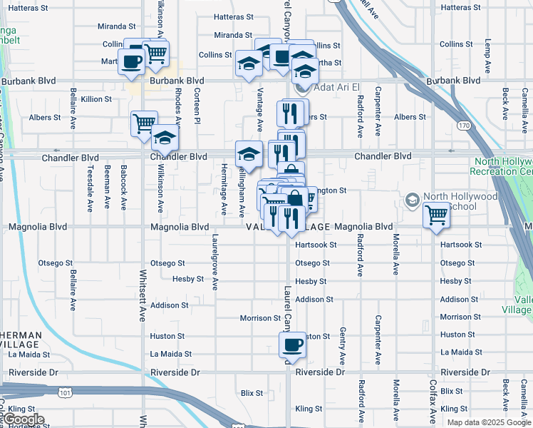 map of restaurants, bars, coffee shops, grocery stores, and more near 5224 Vantage Avenue in Los Angeles