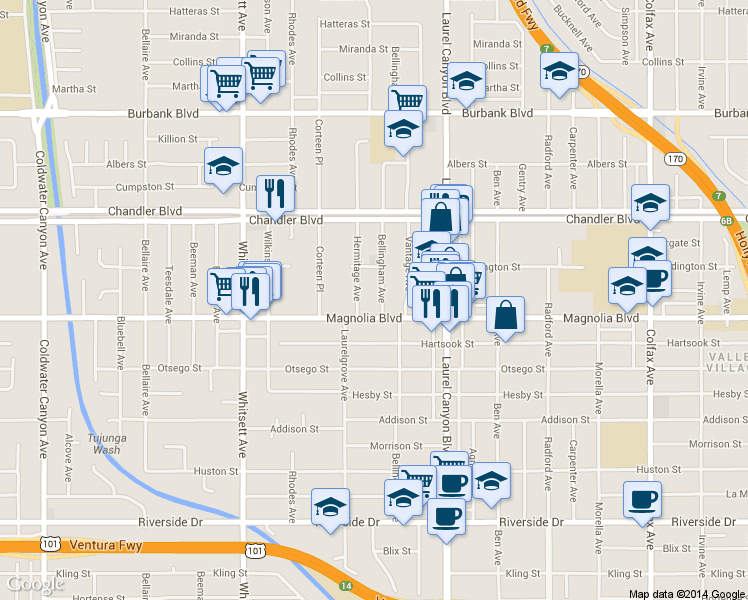 map of restaurants, bars, coffee shops, grocery stores, and more near 12230 West Magnolia Boulevard in Los Angeles