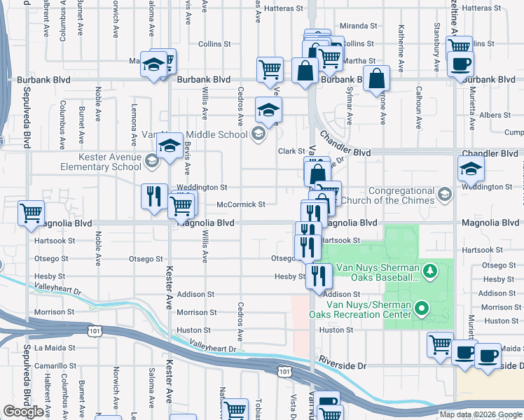 map of restaurants, bars, coffee shops, grocery stores, and more near 14628 McCormick Street in Los Angeles