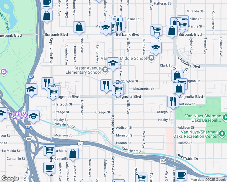 map of restaurants, bars, coffee shops, grocery stores, and more near 5222 Saloma Avenue in Los Angeles