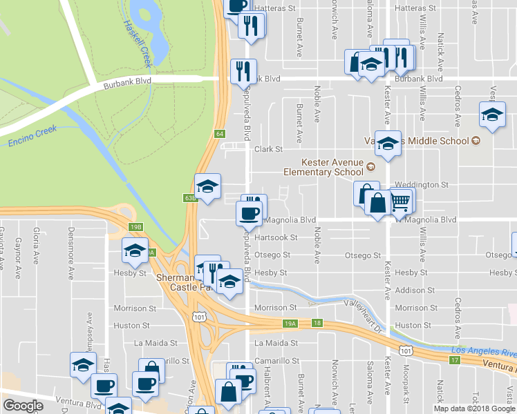 map of restaurants, bars, coffee shops, grocery stores, and more near 15237 West Magnolia Boulevard in Los Angeles