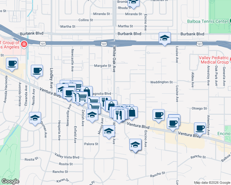 map of restaurants, bars, coffee shops, grocery stores, and more near 5200 White Oak Avenue in Los Angeles