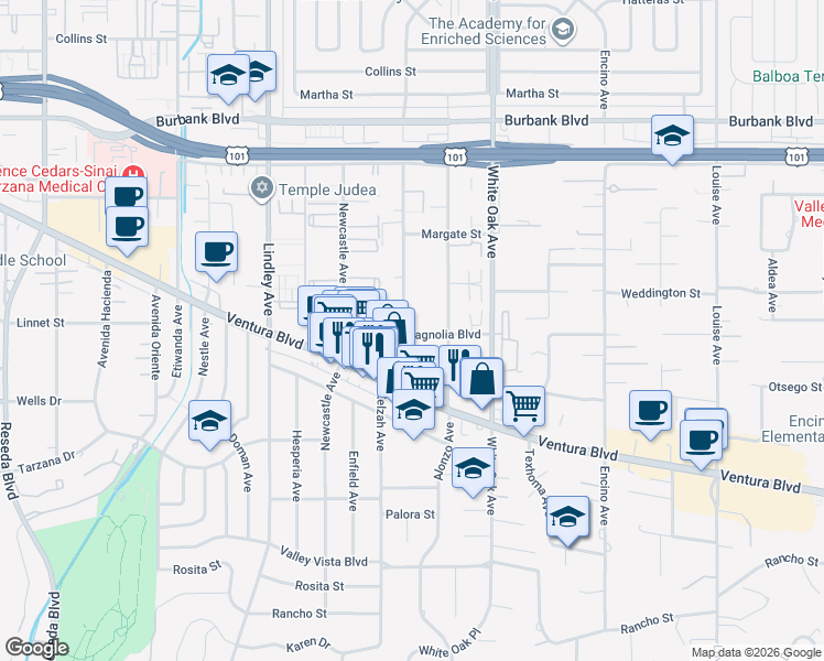 map of restaurants, bars, coffee shops, grocery stores, and more near 17817 West Magnolia Boulevard in Los Angeles