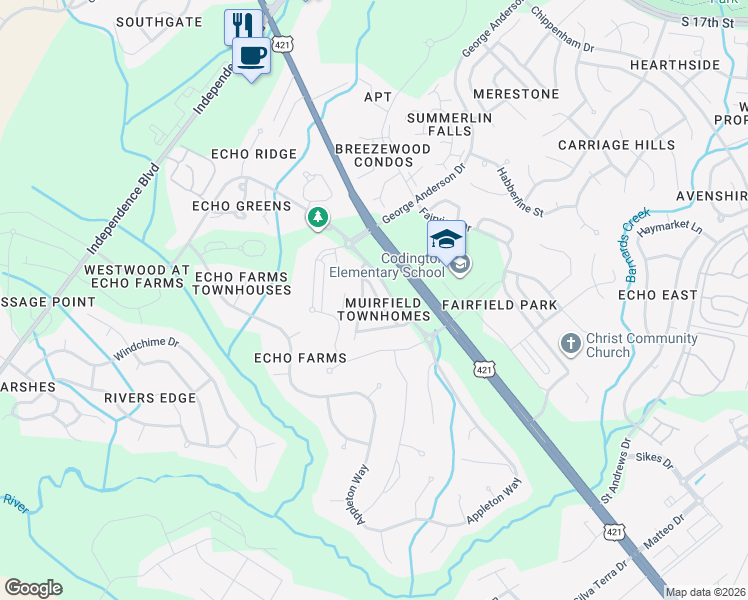 map of restaurants, bars, coffee shops, grocery stores, and more near 4325 Peeble Drive in Wilmington
