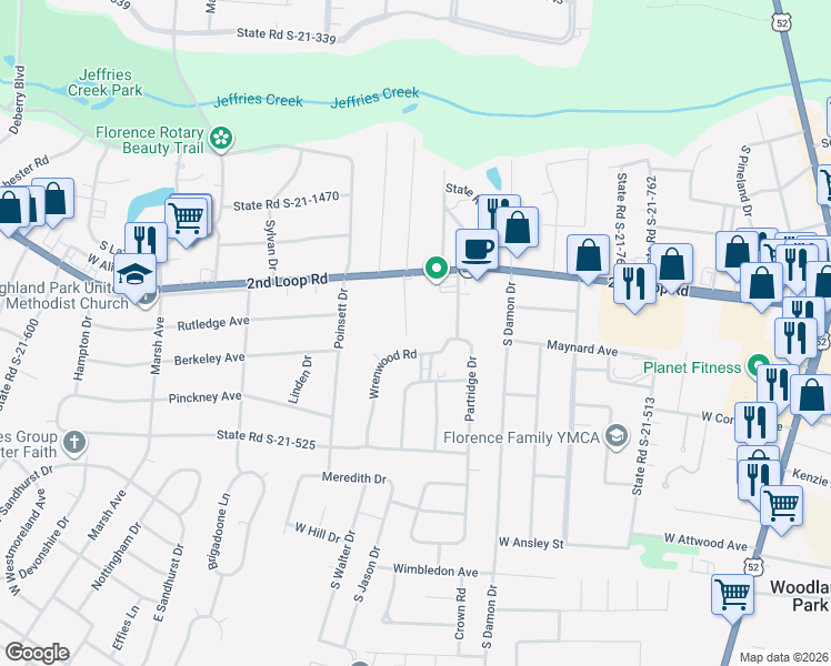 map of restaurants, bars, coffee shops, grocery stores, and more near 1512 Scott Drive in Florence