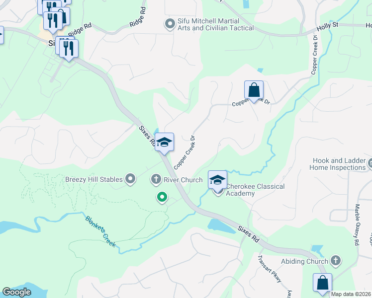 map of restaurants, bars, coffee shops, grocery stores, and more near 1021 Copper Creek Drive in Canton