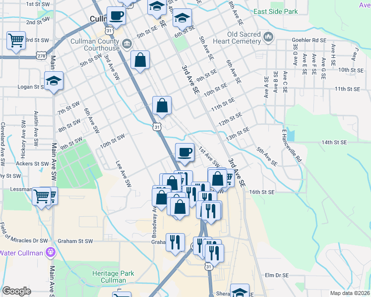 map of restaurants, bars, coffee shops, grocery stores, and more near 124 Birmingham Street Southwest in Cullman