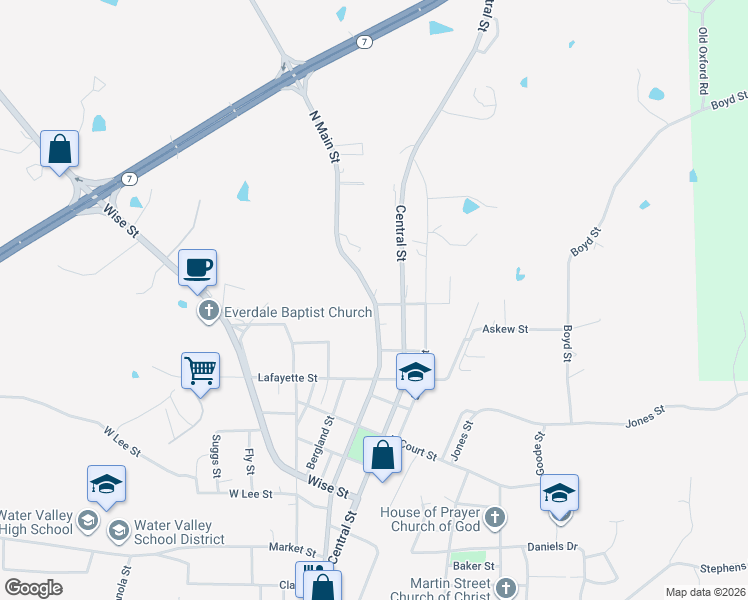 map of restaurants, bars, coffee shops, grocery stores, and more near 2322 Main Street in Water Valley
