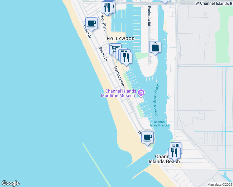 map of restaurants, bars, coffee shops, grocery stores, and more near 3541 Ocean Drive in Oxnard