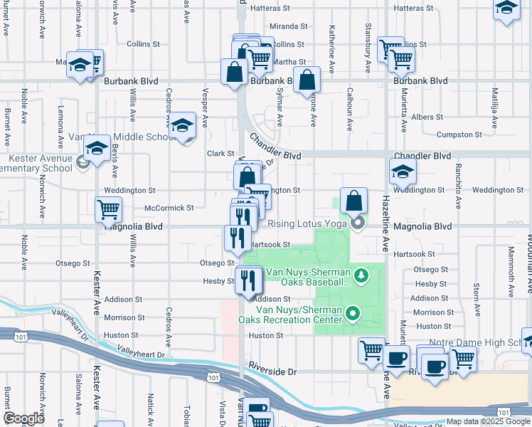 map of restaurants, bars, coffee shops, grocery stores, and more near 5220 Tilden Avenue in Los Angeles