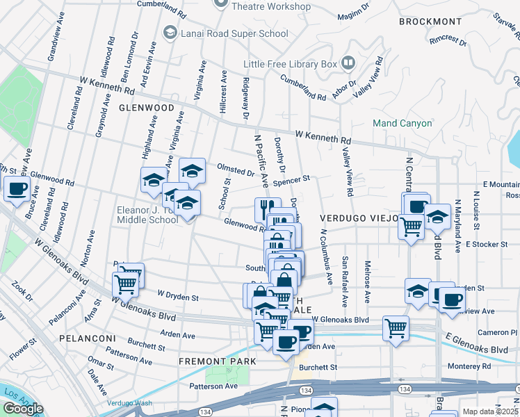 map of restaurants, bars, coffee shops, grocery stores, and more near 510 Clement Drive in Glendale