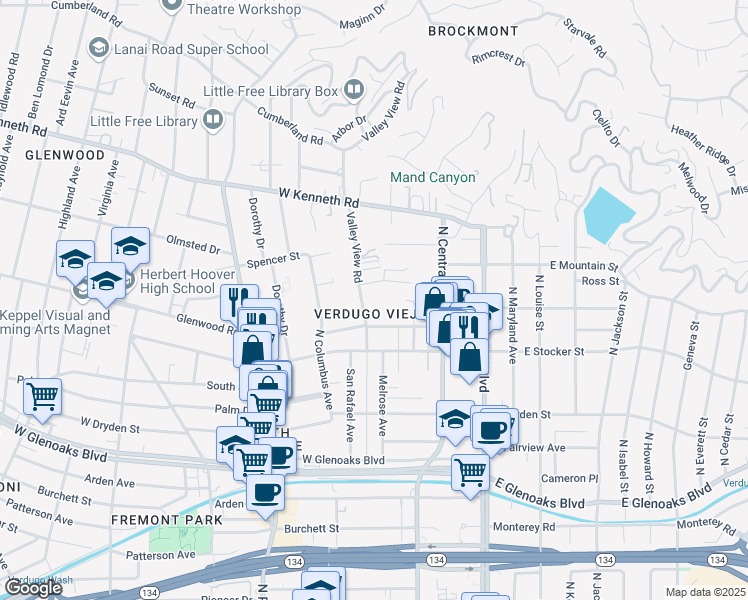 map of restaurants, bars, coffee shops, grocery stores, and more near 1244 Valley View Road in Glendale