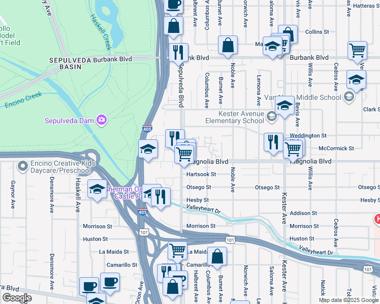 map of restaurants, bars, coffee shops, grocery stores, and more near 15235 West Magnolia Boulevard in Los Angeles