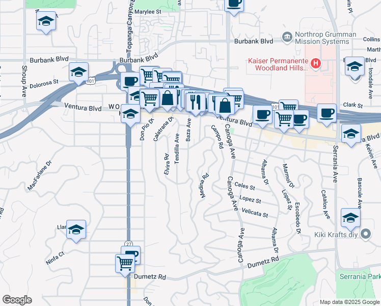map of restaurants, bars, coffee shops, grocery stores, and more near 5262 Baza Avenue in Los Angeles