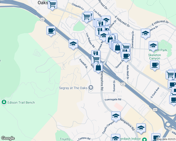 map of restaurants, bars, coffee shops, grocery stores, and more near 295 Fairview Road in Thousand Oaks