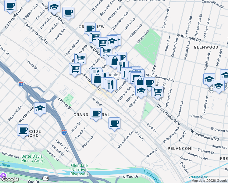 map of restaurants, bars, coffee shops, grocery stores, and more near 1028 Davis Avenue in Glendale