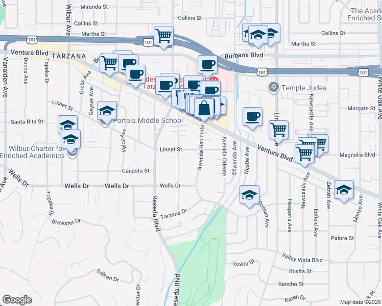 map of restaurants, bars, coffee shops, grocery stores, and more near 18428 Linnet Street in Los Angeles
