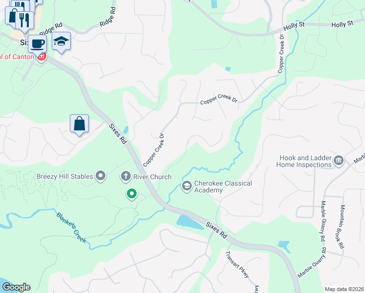 map of restaurants, bars, coffee shops, grocery stores, and more near 181 West Ridge Drive in Canton