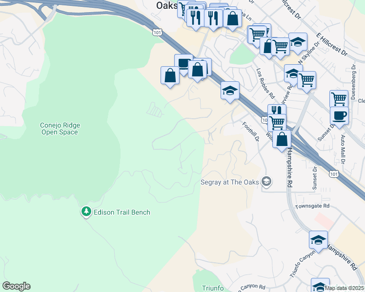 map of restaurants, bars, coffee shops, grocery stores, and more near 456 South Skyline Drive in Thousand Oaks
