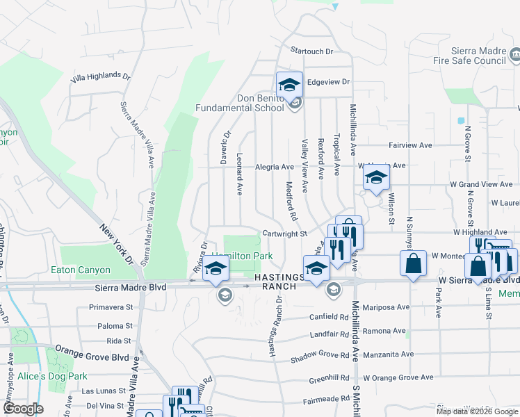 map of restaurants, bars, coffee shops, grocery stores, and more near 1110 Coronet Avenue in Pasadena
