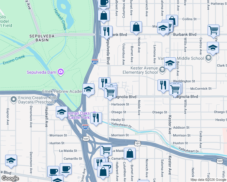 map of restaurants, bars, coffee shops, grocery stores, and more near 15235 Magnolia Boulevard in Los Angeles