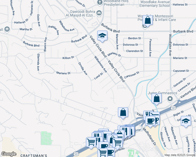 map of restaurants, bars, coffee shops, grocery stores, and more near 23750 Lund Street in Los Angeles