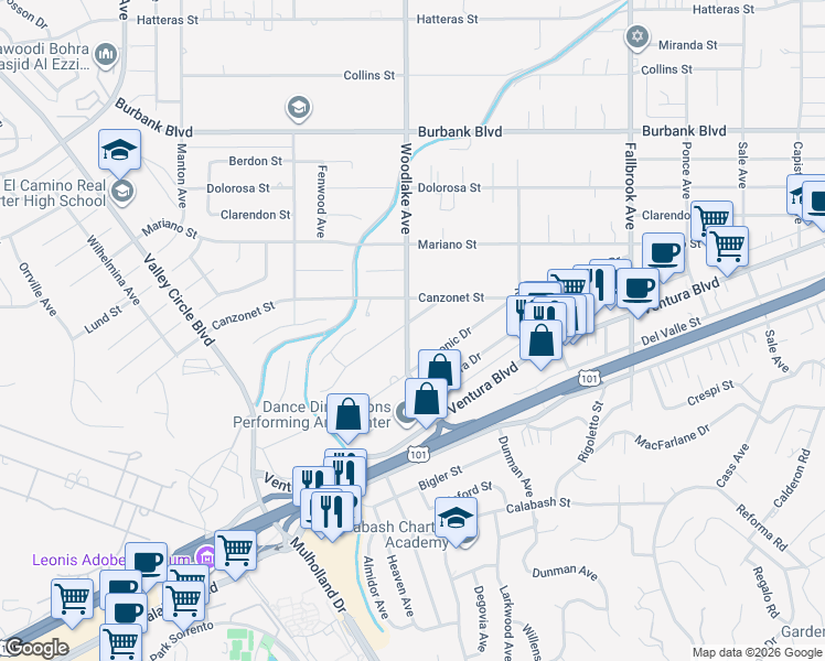map of restaurants, bars, coffee shops, grocery stores, and more near 5244 Woodlake Ave in Los Angeles