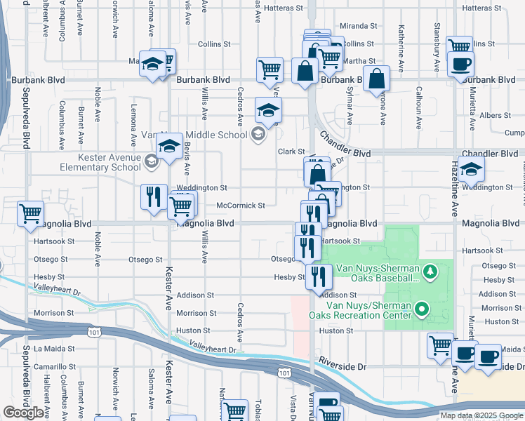 map of restaurants, bars, coffee shops, grocery stores, and more near 14624 McCormick Street in Los Angeles