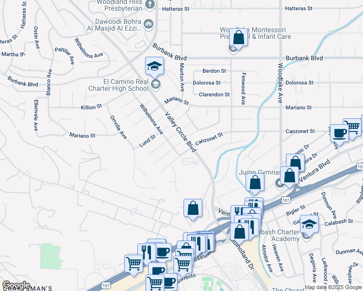 map of restaurants, bars, coffee shops, grocery stores, and more near 23612 Ladrillo Street in Los Angeles