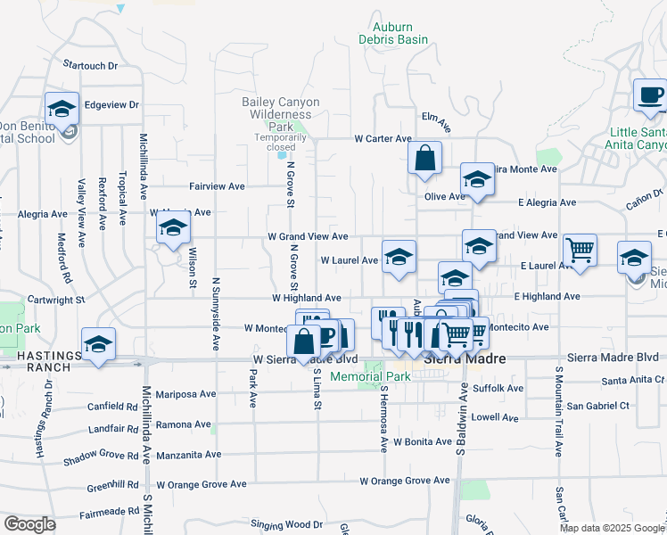 map of restaurants, bars, coffee shops, grocery stores, and more near 300 West Laurel Avenue in Sierra Madre