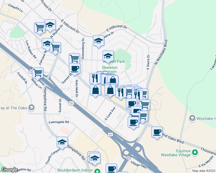 map of restaurants, bars, coffee shops, grocery stores, and more near 3665 Thousand Oaks Boulevard in Thousand Oaks