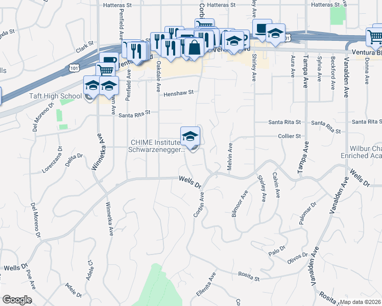 map of restaurants, bars, coffee shops, grocery stores, and more near 19722 Collier Street in Los Angeles