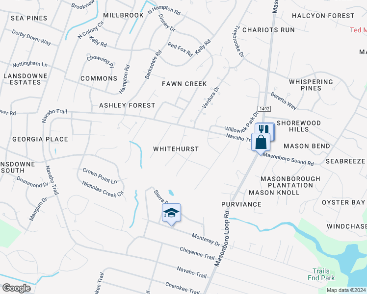 map of restaurants, bars, coffee shops, grocery stores, and more near 4135 Whitehurst Drive in Wilmington