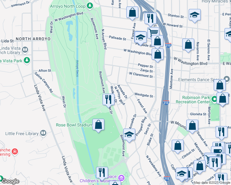 map of restaurants, bars, coffee shops, grocery stores, and more near 1140 Wotkyns Drive in Pasadena