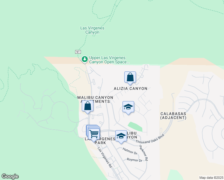 map of restaurants, bars, coffee shops, grocery stores, and more near 5982 Ruthwood Drive in Calabasas