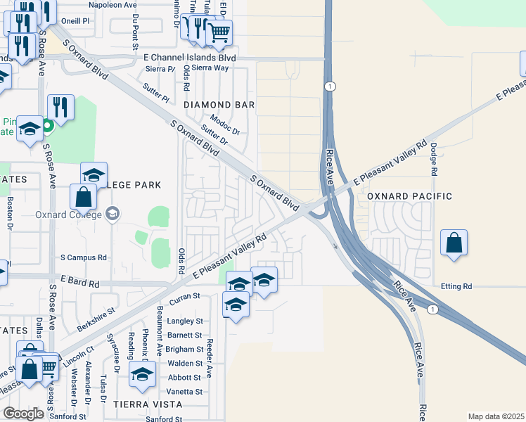 map of restaurants, bars, coffee shops, grocery stores, and more near 3802 Shelley Place in Oxnard