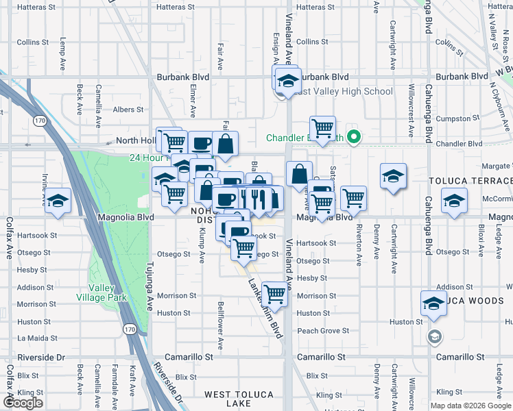 map of restaurants, bars, coffee shops, grocery stores, and more near 5220 Blakeslee Avenue in Los Angeles
