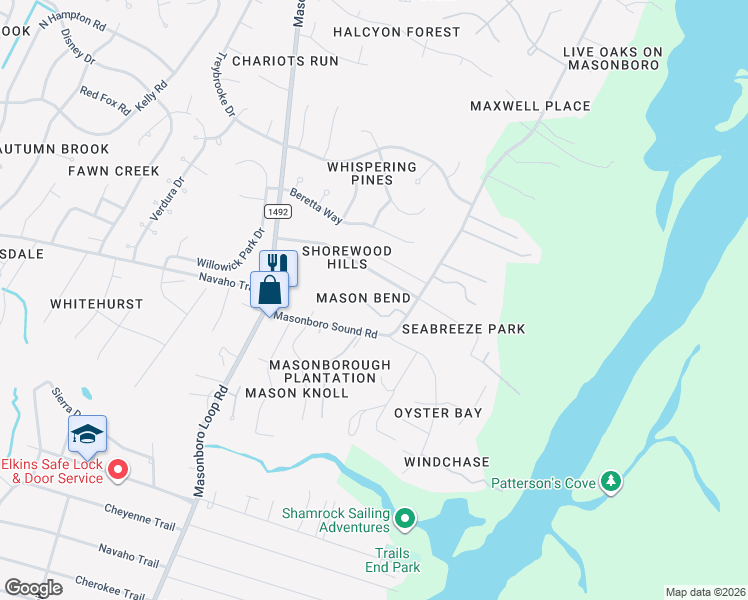 map of restaurants, bars, coffee shops, grocery stores, and more near 8112 Mason Ridge Lane in Wilmington