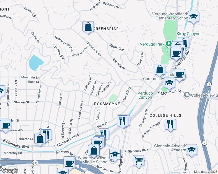 map of restaurants, bars, coffee shops, grocery stores, and more near 1332 Loreto Drive in Glendale