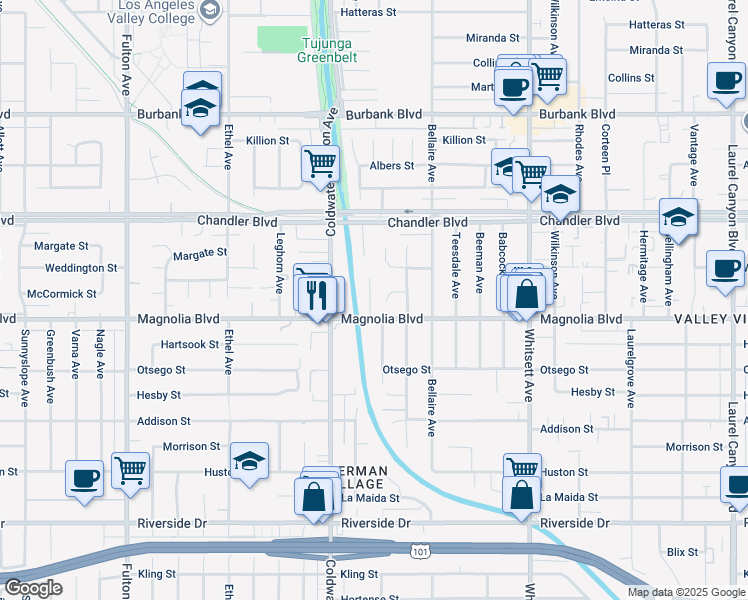 map of restaurants, bars, coffee shops, grocery stores, and more near 5220 Goodland Avenue in Los Angeles