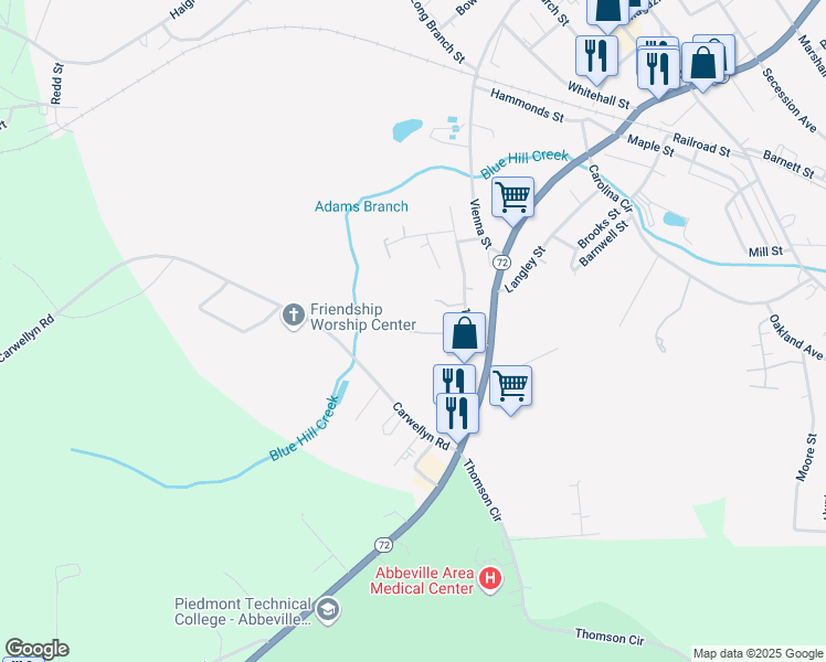 map of restaurants, bars, coffee shops, grocery stores, and more near 100 Sawmill Acres in Abbeville