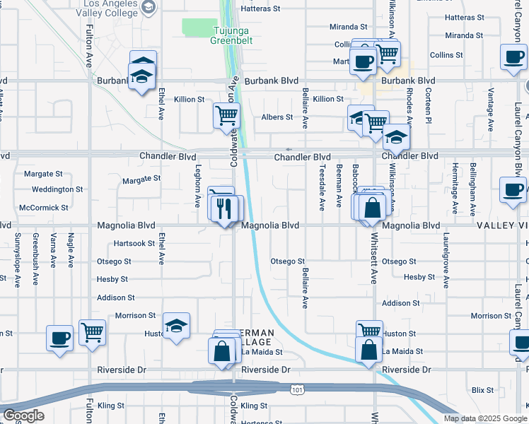 map of restaurants, bars, coffee shops, grocery stores, and more near 5220 Goodland Avenue in Los Angeles